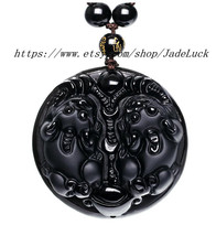 Pi Yao natural obsidian pendant beaded necklace Lucky / Lucky - $36.99