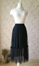 Black A-line 2 layer Tulle Bloom Pleated Mid-calf Fashion Tulle Skirt Any Size 