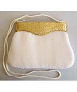 Gold Beaded Purse Evening Bag Clutch White Pleated Rayon Handbag Shoulde... - $22.00