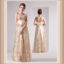 Princess Silk Layers Strapless Empire Waist Gold Sequin Apricot Lace Formal Gown image 1