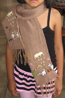 Brown embroidered scarf, shawl made of Alpaca wool   - $29.00