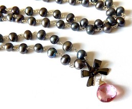 Gray Pearl Necklace, Pink Drop, Gunmetal Bow, Wire Wrapped Oil Slick Pea... - $55.00