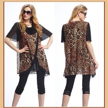 Black Voile Lace and Leopard Brown or Gray Caftan Scarf Shirt with Cowl Neckline