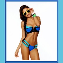 Striped Un-Zip Bandage Style Pushup Bikini Summer Swimsuit Cool Blue Hot Orange image 1