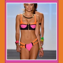 Striped Un-Zip Bandage Style Pushup Bikini Summer Swimsuit Cool Blue Hot Orange image 2