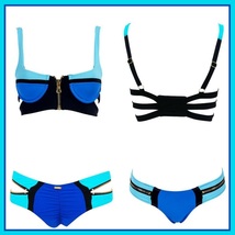 Striped Un-Zip Bandage Style Pushup Bikini Summer Swimsuit Cool Blue Hot Orange image 3