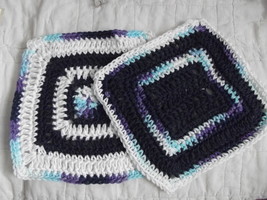 SET OF 2 HAND CROCHETED DISH CLOTHS NAVY BLUE, MIXED BLUES &amp;  WHITE WASH... - $8.00