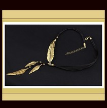 Vintage Antique Silver or Antique Gold Plate Feather 19.5" Leather Necklace