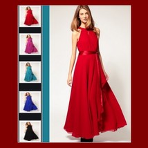 Long Sleeveless Turtleneck Belted Chiffon Maxi Summer Evening Party Prom Gown