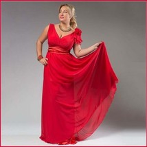 Chiffon Formal Ankle Length Sleeveless Empire Waist V Neck Red Evening Gown