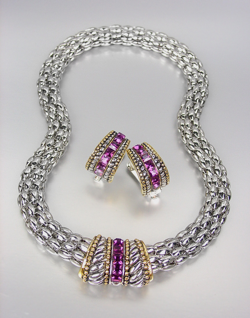 CLASSIC Designer Purple Amethyst CZ Crystals Silver Mesh Necklace Earrings Set - $36.99