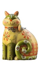 Animated Cat Figurine 7.6" High Green Yellow Whimsical Home Decor Poly Stone