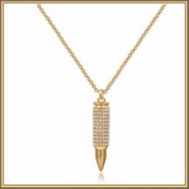 Brand New Sparkling Rhinestone Encrusted 18k Gold Plated Bullet Pendant Necklace