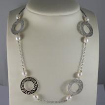 .925 RHODIUM SILVER NECKLACE WITH WHITE PEARLS AND PERFORATED DISC - $94.90