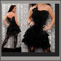  Black Satin Brocade Victorian Gothic Lace Up Bustier Corset W/ Lace Skirt 