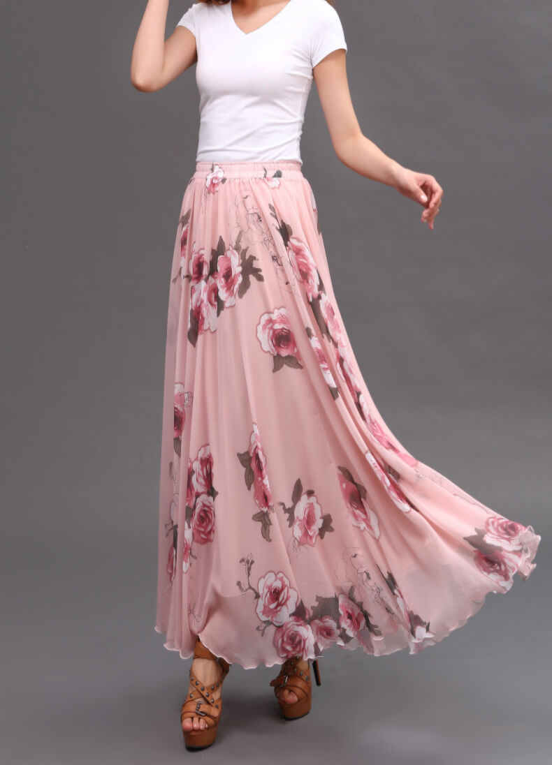 Women Pink FLORAL Chiffon Long Skirt A-line Flower Long Chiffon