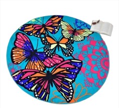 Vibrant Butterfly Beach Towel 59" Diameter Round Soft Teal Background Polyester