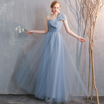 2022 Dusty Blue Maxi Bridesmaid Dress Tulle Bridesmaid Dresses with Sleeves 