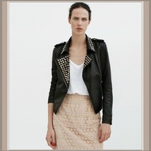 Gold Rivet Collar Black Faux Leather Retro Moto Jacket with Zipper Sleeves image 1
