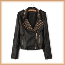 Gold Rivet Collar Black Faux Leather Retro Moto Jacket with Zipper Sleeves image 2