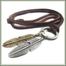 Bohemian Unisex  Antique Feather Pendant on 35" Adjustable Leather Necklace