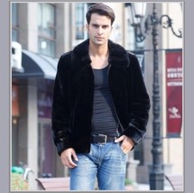 Men's Black Mink Faux Fur Front Zip Up Long Sleeve w/ Hood or Collar Coat Jacket