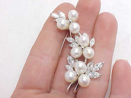 Freshwater PEARLS and CUBIC ZIRCONIA Vintage Floral BROOCH Pin in STERLING  - $85.00