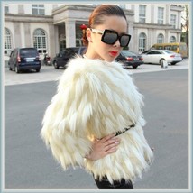 Long Tufted White Haired Ivory Faux Fur Short Coat Jacket Inside Covered Buttons