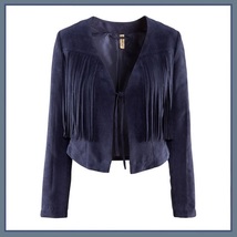 Navy or Cream Long Tassel Fringe Suede Leather Loose Open Fashion Coat Jacket  image 2