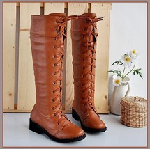 Red Clay Knee High Round Toe Leather Lace Up Low Block Heel Winter Boots