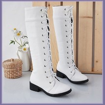 White Knee High Round Toe Leather Lace Up Low Block Heel Winter Boots image 1