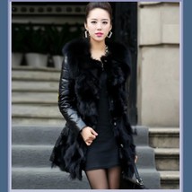 Sheepskin Faux Leather Jacket Trimmed with Long Black Faux Fur Hidden Buttons image 1