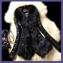 Sheepskin Faux Leather Jacket Trimmed with Long Black Faux Fur Hidden Buttons image 2