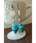 Cute blue art glass bead dangle white pearl fish hook earrings handcrafted - $8.98