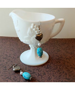 Cute blue art glass silver tone heart bead dangle white pearl fish hook ... - $6.98