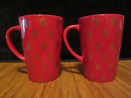 2 Starbucks Coffee Tea Cup 2005 14 OZ Red with Red Oval Polka Dots Holiday Mug - $29.99