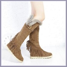 Tall Wilderness Trail Rabbit Fur Fringed Khaki Tan Suede Moccasin Snow Boots