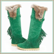 Tall Wilderness Trail Rabbit Fur Fringed Mint Green Suede Moccasin Snow Boots