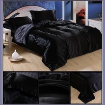 Luxury Black Mulberry Silk Satin Top Sheet Duvet w/ 2 Pillow Cases 4 Pc Bedding  image 1