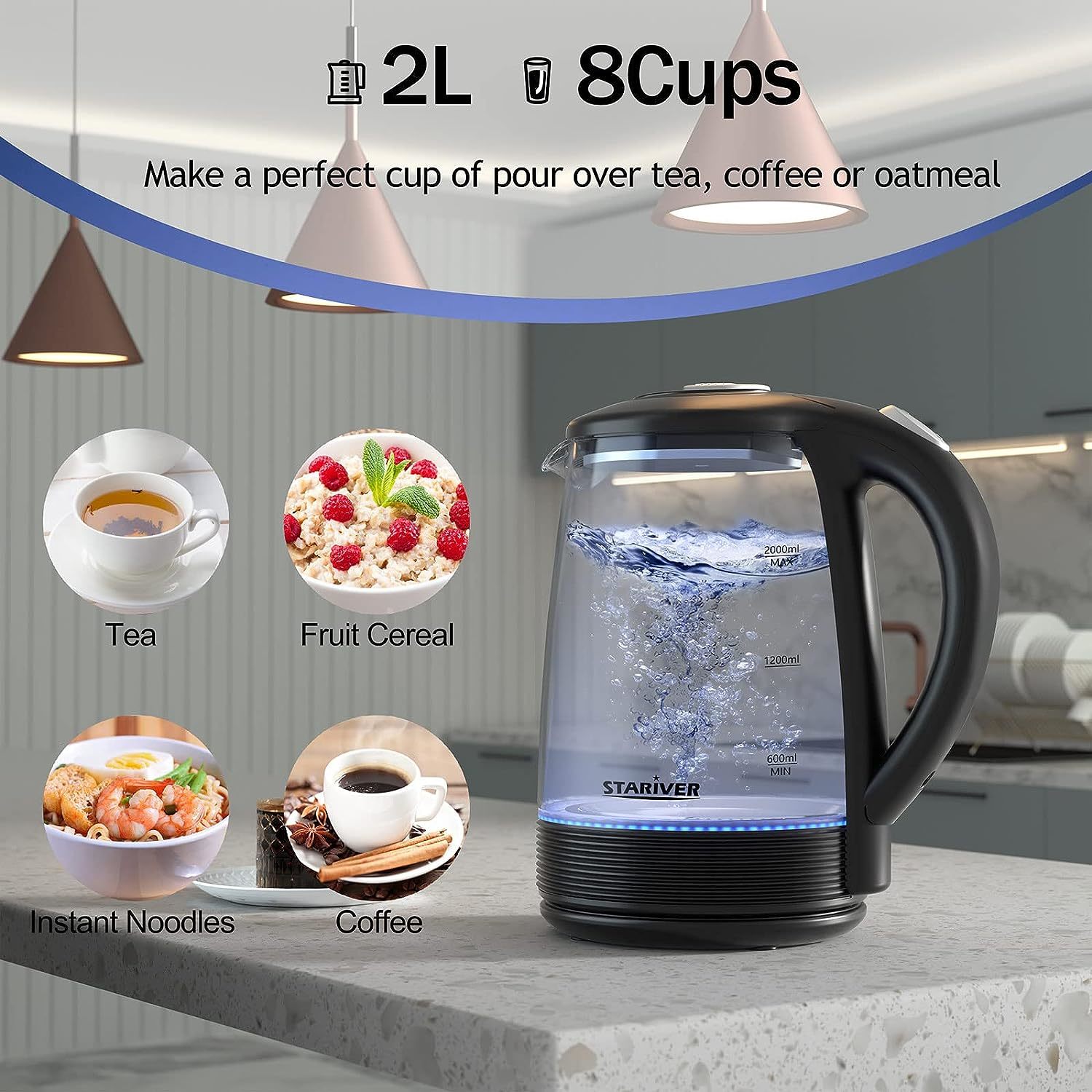 Ovente Glass Electric Tea Kettle 1.8 Liter BPA Free Cordless Body, 1500W  Instant Hot Water Boiler