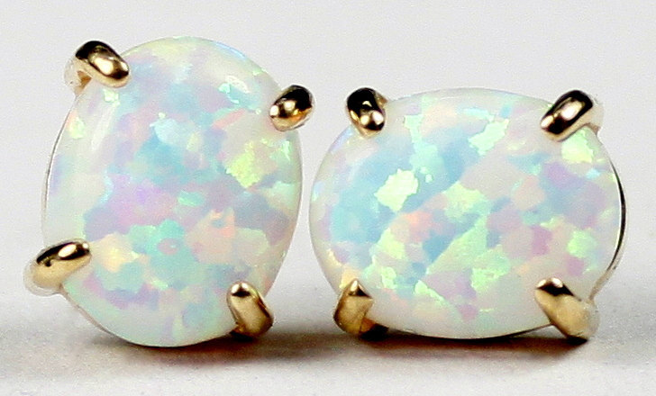 Primary image for E102C, 10x8mm Created White Opal, 14KY Gold Post Earrings