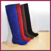 Turn Down Low Heel Knee High Faux Suede Leather Pointed Toe Boots in 4 Colors