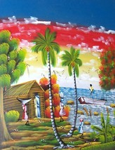 Original &amp; signed Rolinson caribbean haitian scenic village landscape pa... - $770.05