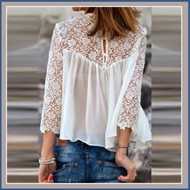 Black or White Spliced Crochet Lace Chiffon Long Sleeved Top Loose Blouse