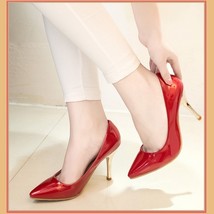Shiny PU Leather Classic Red Silver or Black Cone Toe 3.5" Spike High Heel Pumps