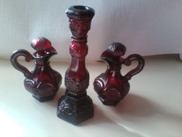 AVON Cape Cod RUBY RED GLASS Candlestick Candle Holder &amp; Cruets THREE (3... - $39.99