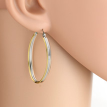 Oval Tricolor Silver, Gold & Rose Tone Hoop Earrings- United Elegance - $23.99