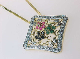 18K GOLD over STERLING PENDANT and Necklace with Genuine Rubies, Emerald... - $50.00