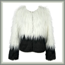Shaggy Long Hair White and Black Angora Sheep Faux Fur Medium Length Coat Jacket image 2