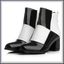 Retro Big Black and White Squares Patent Leather Zip Up Martin Heel Ankle Boots image 1